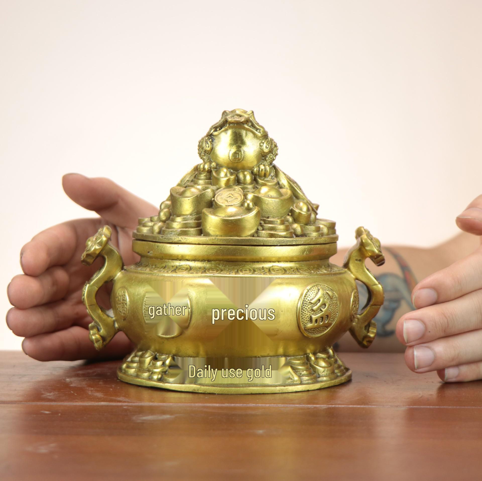 Golden Copper Ruyi Toad Treasure Bowl Ornament