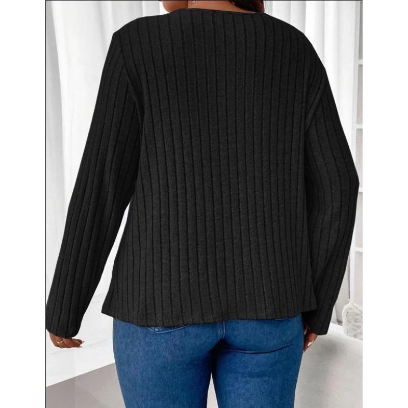 Women's Fashion Plus Size Casual Fall Winter Solid Color Print Long Sleeve V-Neck Pullovers & Long Sleeves