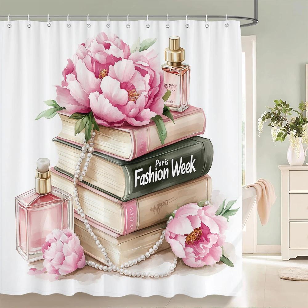 Modern and Fashionable Perfume and Flower Style Shower Curtain Bathroom Bath Curtain Home Decoration Curtain With Hooks
