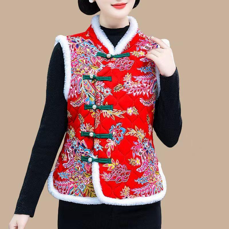 Women's Mock Neck Sleeveless Vest Loose Cute Floral Fleece Lined Waistcoat Chinese Tang Gilet