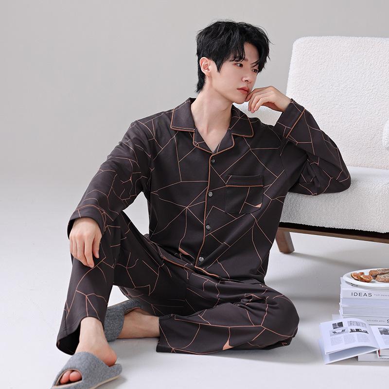 

Men s Lapel Cardigan Cotton Pajama Set - Spring/Autumn, Loose Fit, Long Sleeve/Pants, Two-Piece Set XXXL (90-100 kg)