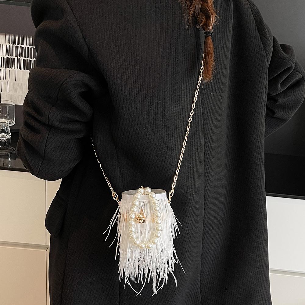 Sacs Sacs Boîtes en Acrylique Transparent pour Femmes Perles Plumes Sac Bandoulière Mini Chaînes Sac de Soirée Sacs à Main Forme Tonneau Fête Mariage Pochette