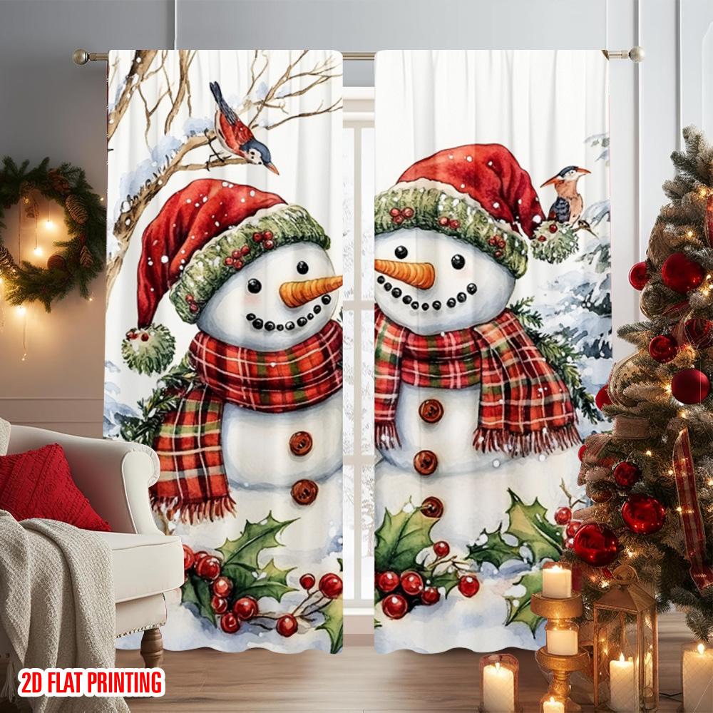 2pcs 2D Flat Printing Merry Christmas Popular Party Window Curtains Christmas Snowman4 100% Polyester Without Electricity Family
