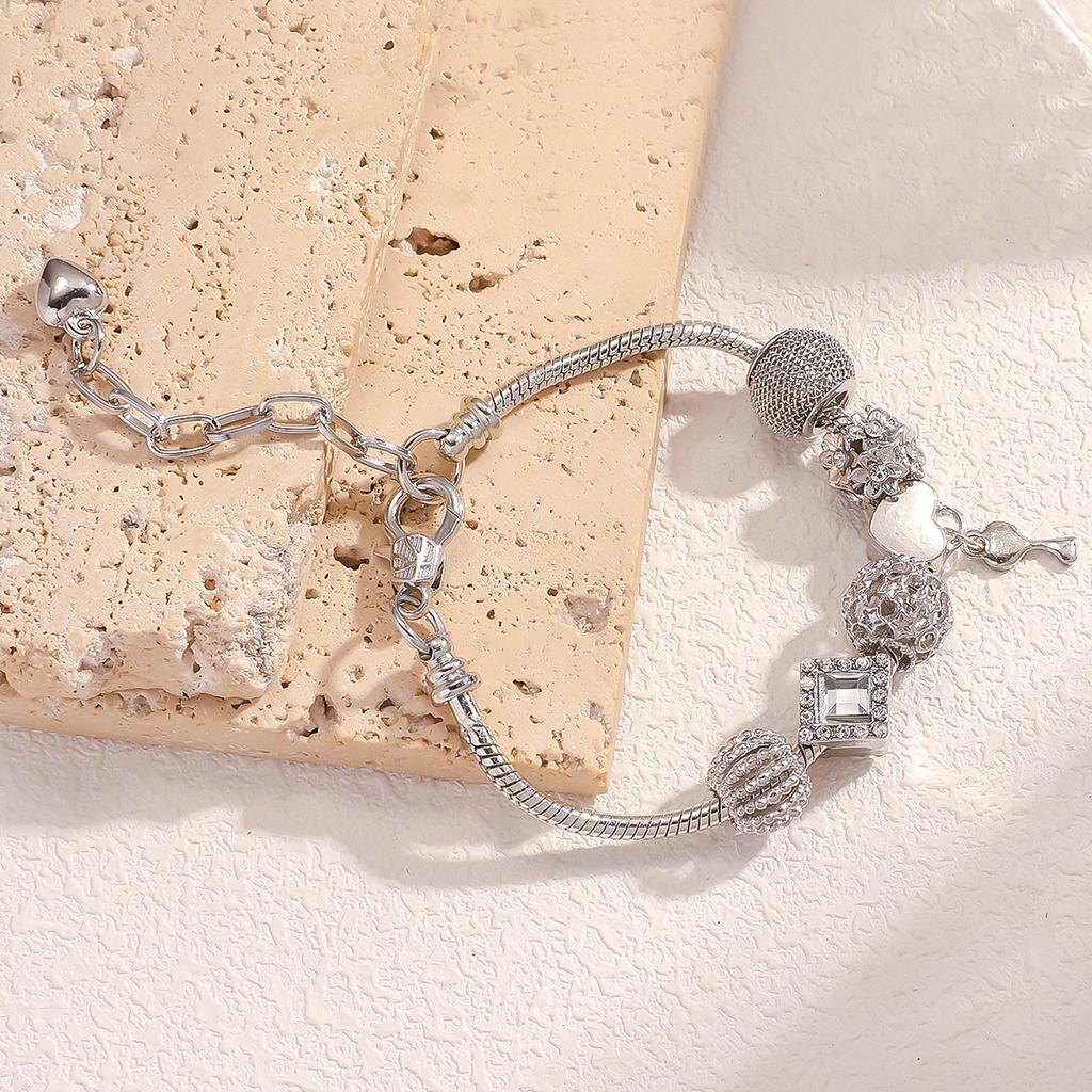 Women All Match Stainless Steel Crystal Love Lock Key Beads Bracelet