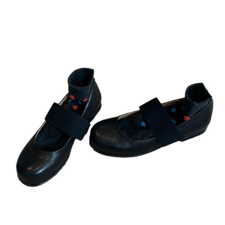 Cowhide Version British Leather Ballet Shoes Elastic Band Light Mouth Small Leather Shoes Retro Flat Mary Jane Shoes Women's Single Shoes