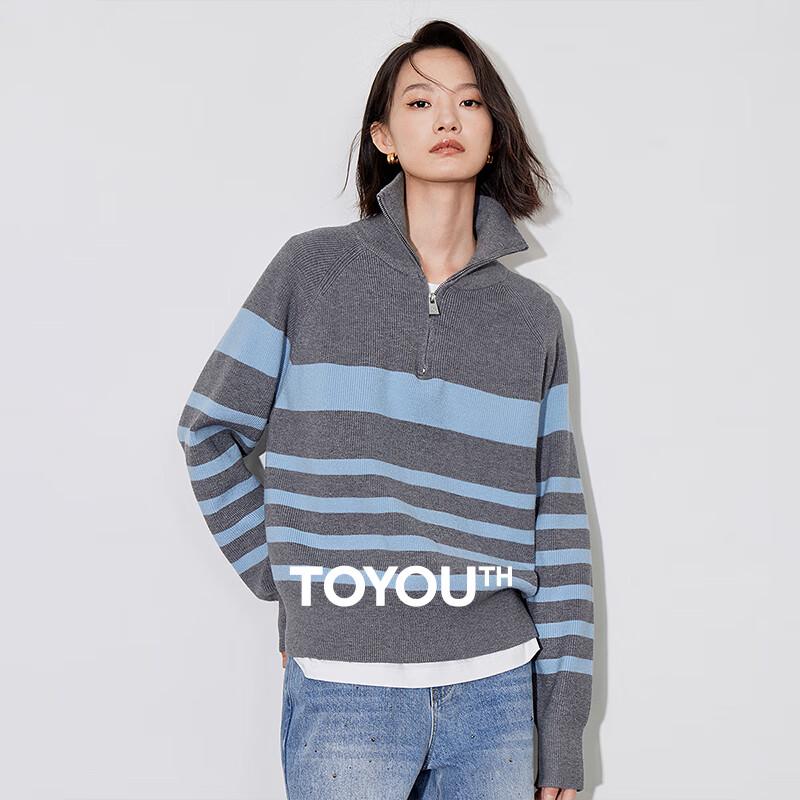 Chuyu Damen Gestreifter Reißverschluss Polokragen Langarm Strickpullover