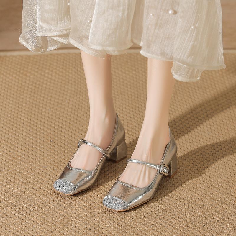 Sheepskin Not Tired Feet Single Shoes Square Head Rhinestone One-word Buckle Thick Heel Mary Jane Shoes Women's High Heel Ballet Shoes