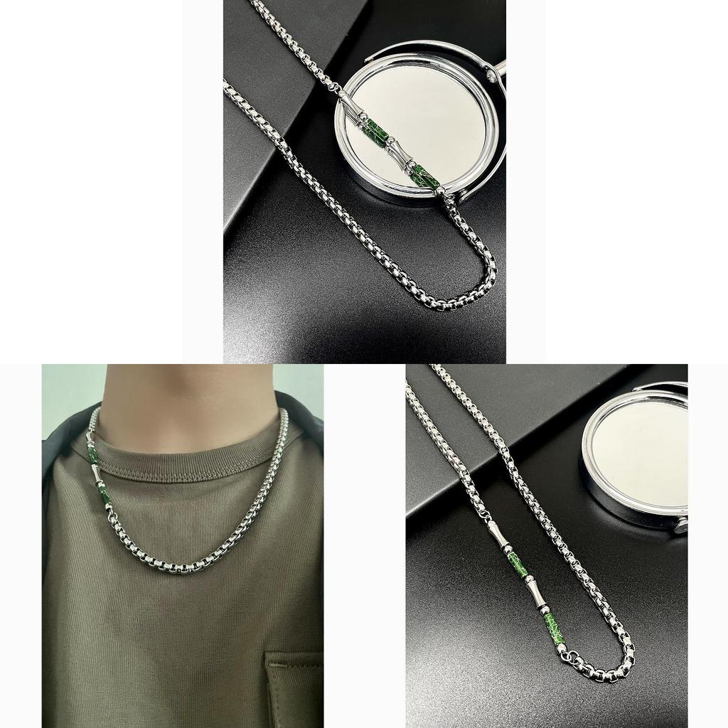 Stainless Steel Geometric Necklace For Men With Green Bamboo Beads Handmade Vintage Style