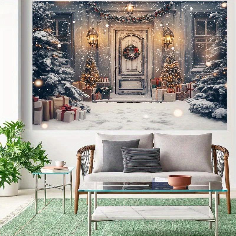 1 Christmas background with snow porch flower wreath gift box and snow covered tree no power required winter scene