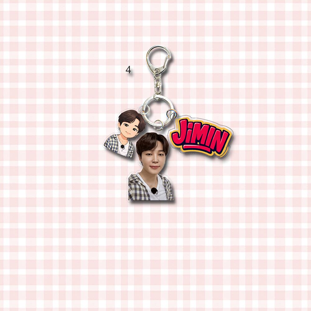 BTS 3-in-1 Acrylic Keychain, Bangtan Boys Real Photo + Cartoon Figure + Colorful Name Tag Triple Charm Keyring, Kpop ARMY Fans Bag Pendant