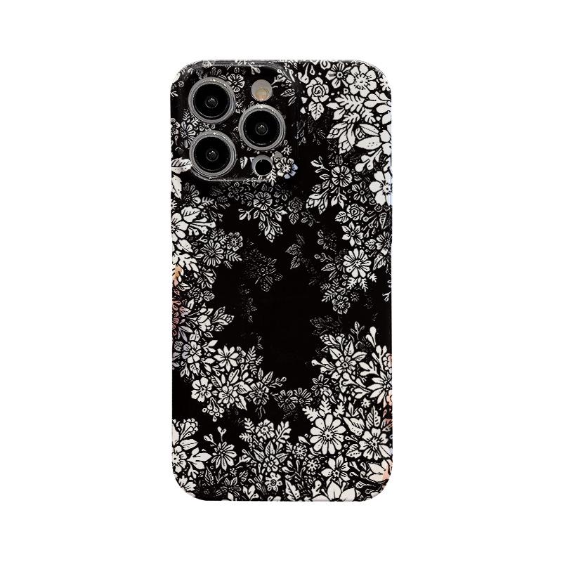 Black Floral iPhone Case: Full Coverage for iPhone 13 Pro Max, iPhone 14, and 15 with Glass Protection