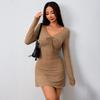 Women's Pure Desire Wind V-neck Drawstring Dress Long Sleeve Slim Pleated Short Skirt Spice Girl Slim Versatile Skirt