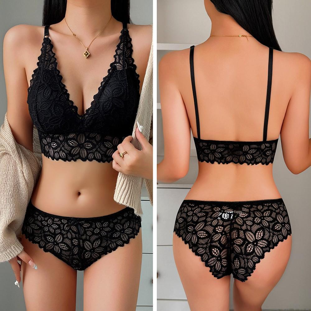 Draadloze Bh Set met Franse Kant, Verstelbare Bandjes en Borstkussentjes