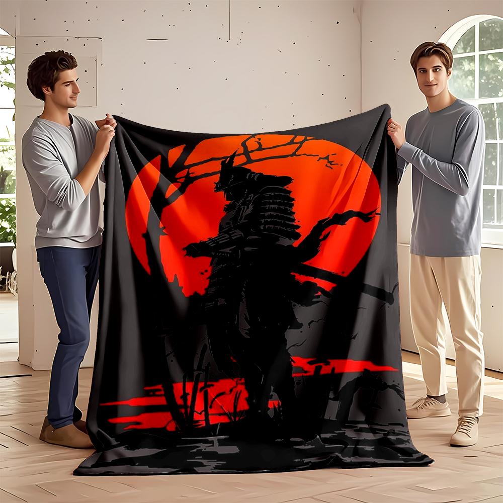 Samurai Silhouette with Red Sunset Flannel blanket for bedroom, living room, sofa, and nap sofas.