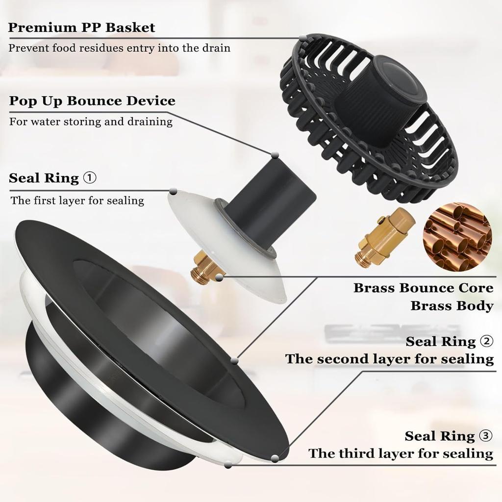 3-in-1 Kitchen Sink Stopper, Pop-Up Kitchen Sink Sewer Strainer, with An Extra Basket Strainer for U.S Standard 3-1/2-Inch Kitchen Sink Sewer Stopper,