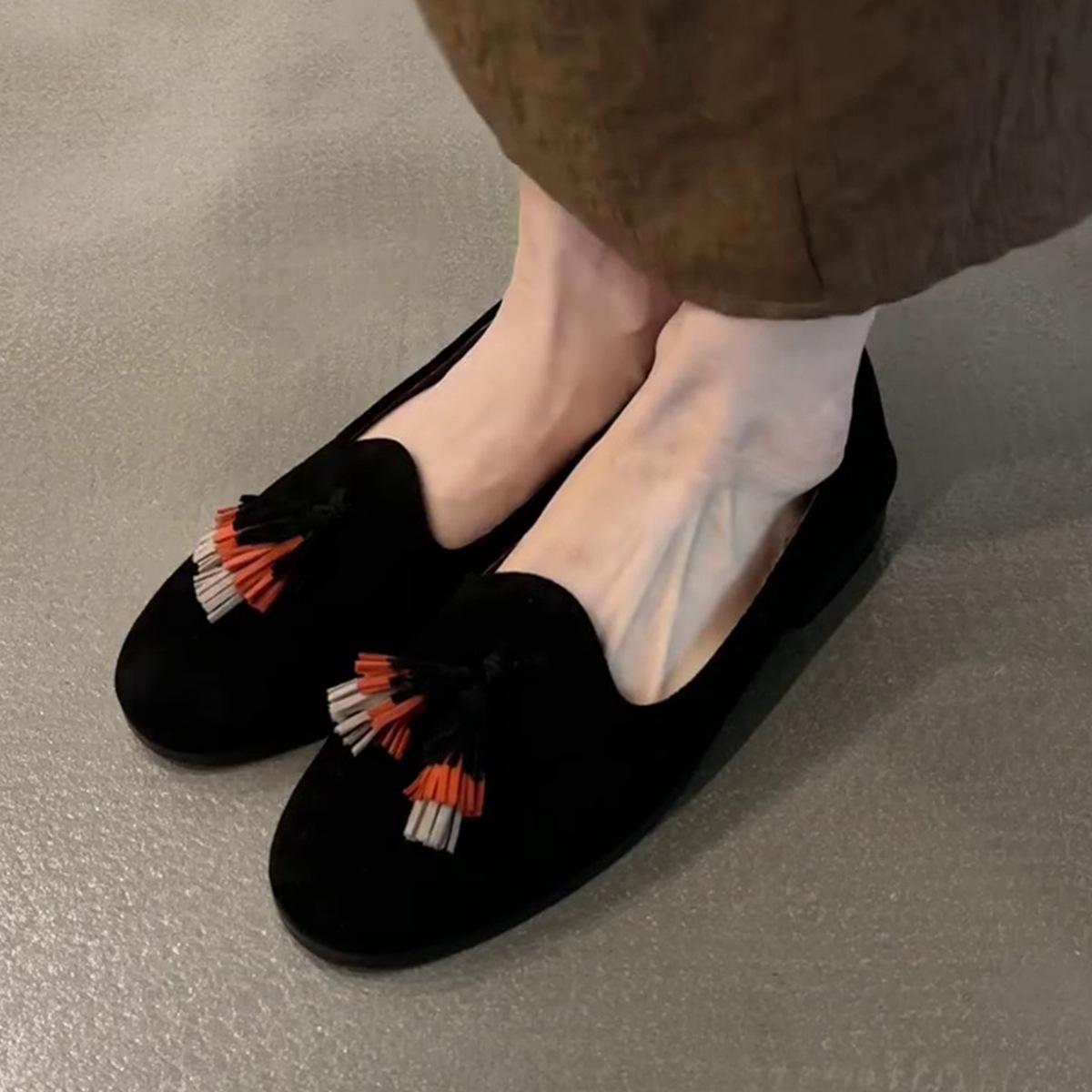 Sheepskin version Small single shoes for summer wear fringed decorative round head soft sole versatile comfortable and simple retro style single s 40 чёрный 5428₽