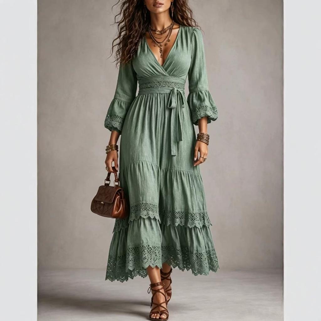 2026 Style de vacances européen et américain robe longue en coton et lin décolleté plongeant manches bouffantes dentelle ajourée dentelle dentelle sangle de taille combinaison mi-longue