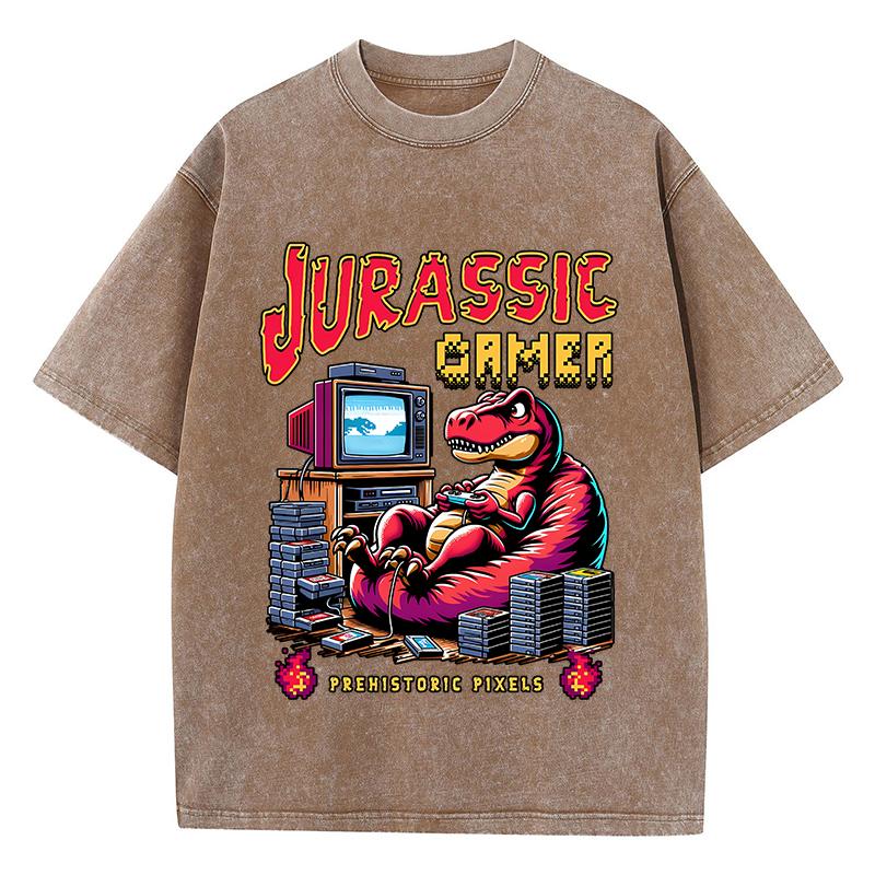 Street Woman Washed T-Shirts Jurassic Games Vintage Manga Print Short Sleeve Comfortable Cotton Oversize Tops Clothes