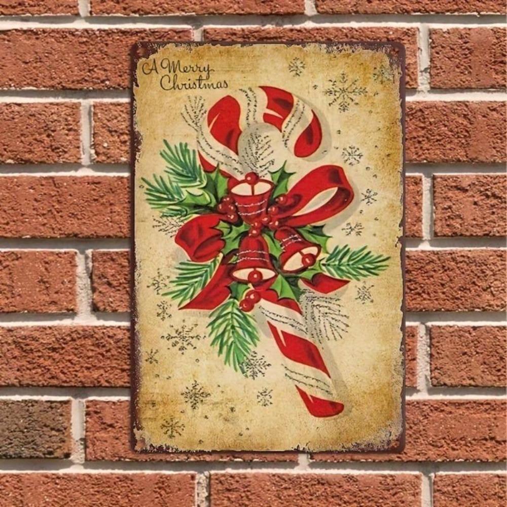 Vintage Christmas Iron Sign 12x8 Inch Candy Cane Holly Wall Decor Pre Drilled Hanging Weatherproof