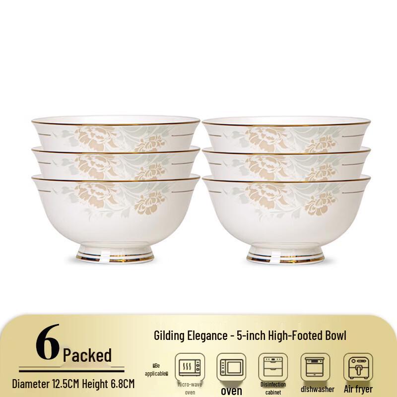 Elegant Gold-Rimmed Ceramic Anti-Scalding Rice Bowls, 5-inch, Set of 6