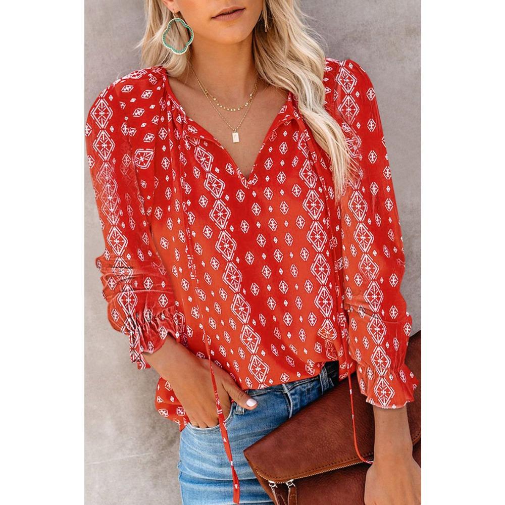 Women s V Neck Long Sleeve Chiffon Blouse Slim Fit Elegant Geometric Printed Casual Top S