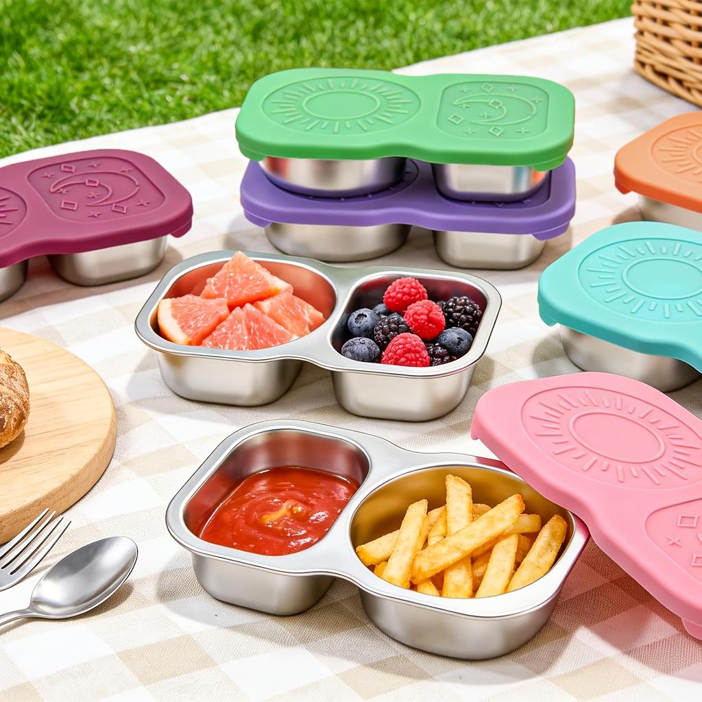 Rozsdamentes acél snack tárolók fedéllel Salátaöntet tárolók 150 ml 2 rekeszes Kis fűszertartók szivárgásmentes szilikon fedéllel