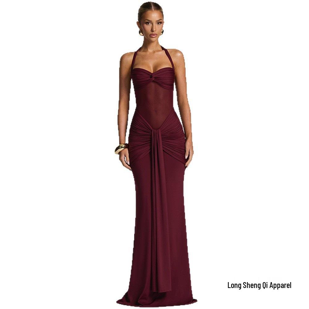 Mesh Patchwork Lace-Up Long Dress
