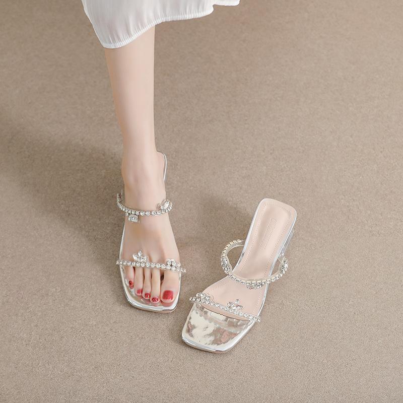 

Fashion crystal beading transparent sandals women clear high heels slides summer shoes woman rhinestone rivets sandalias mujer slippers 34 бежевый