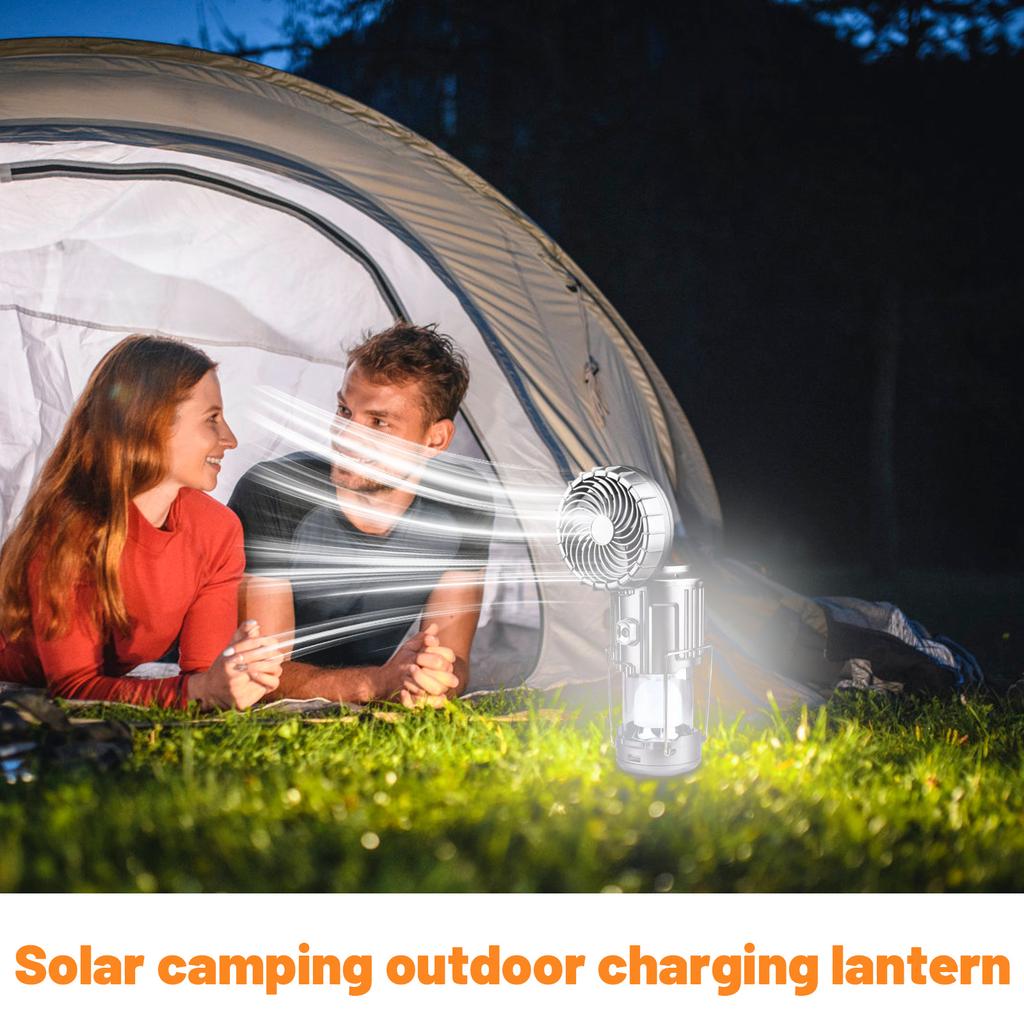 Solar Powered Camping Lantern with Rechargeable Fan Multi Function Portable Emergency Hanging and Carrying Light for Outdoor Use