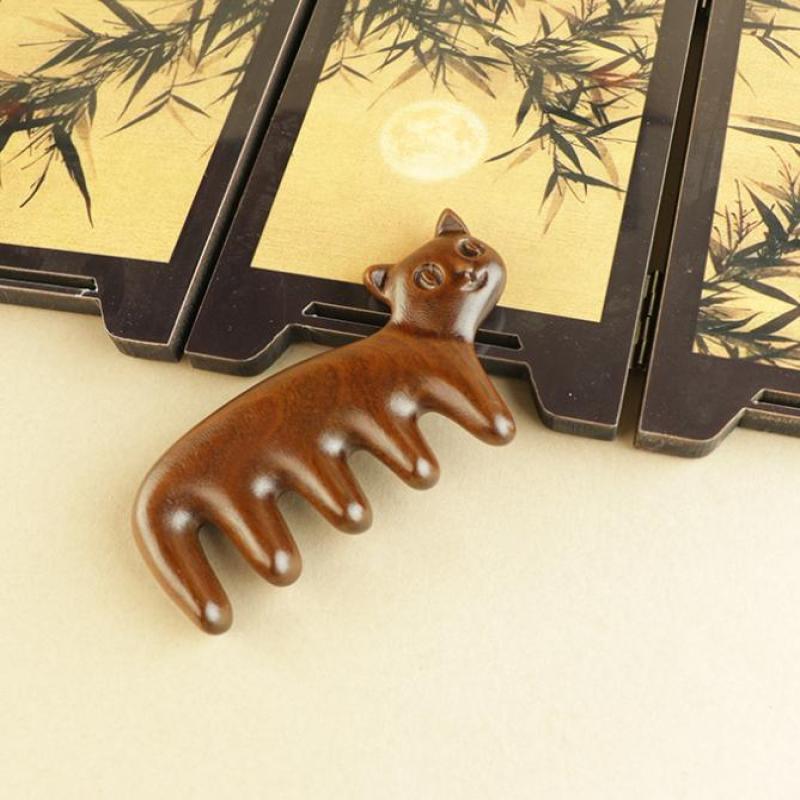 

Расческа для волос из сандалового дерева в форме кошки, массажер для акупунктурных точек для расслабления кожи головы, портативная, с деревянной ручкой, пятизубая расческа, антистатический инструмент для укладки