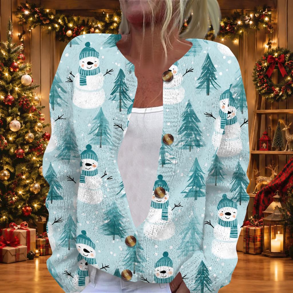 Women's Christmas Print Long Sleeve Knit Cardigan with Button Front