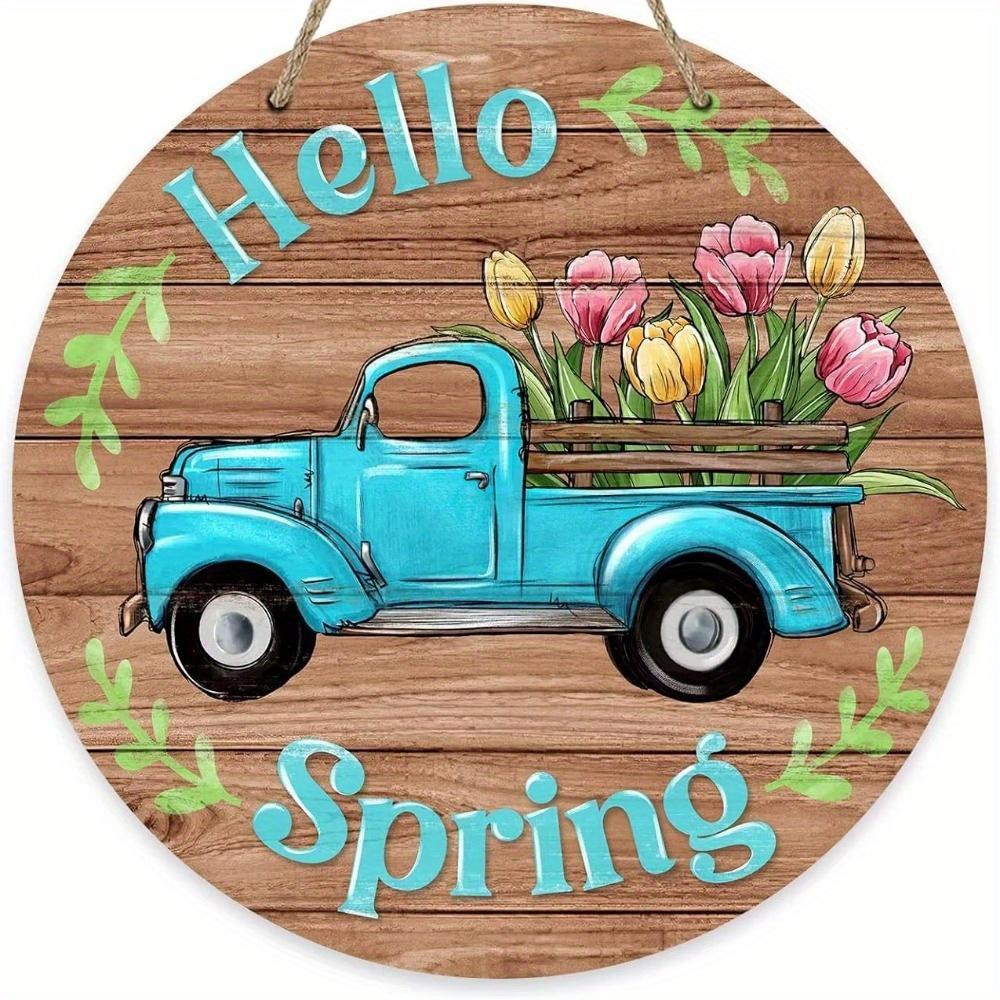 1pc 2d Flat Retro Round Wooden Sign Flower Market Flower Truck, Novel and Interesting Garage Bar Kitchen Home Family Friend Gift Wooden Sign- 20cm