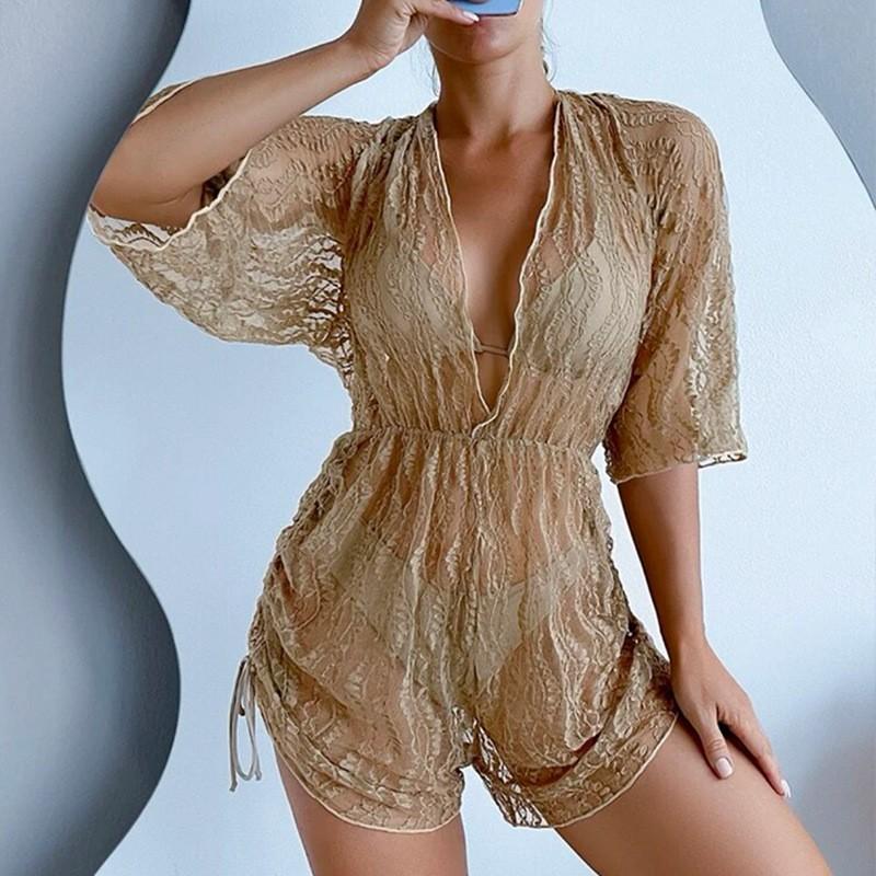 Long Sleeve Mesh Waist One-Piece Swimsuit High Waist Printed Drawstring Three-piece Bikini Skinny