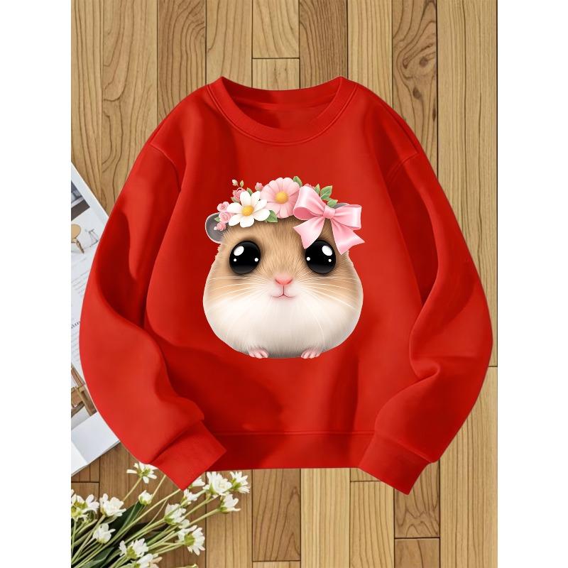 European Size Floral Wreath Hamster Cartoon Print unisex Crew Neck Sweatshirt, Autumn and Winter Soft and Cute Style, Perfect Gift for Girls