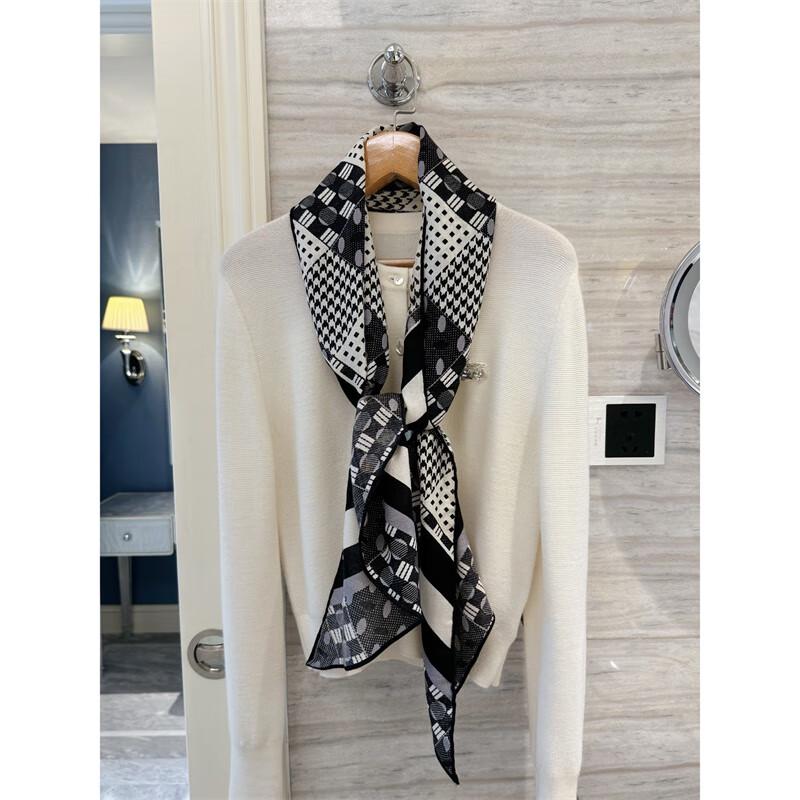 NINA SOLOR Houndstooth Silk Wool Blend Long Scarf