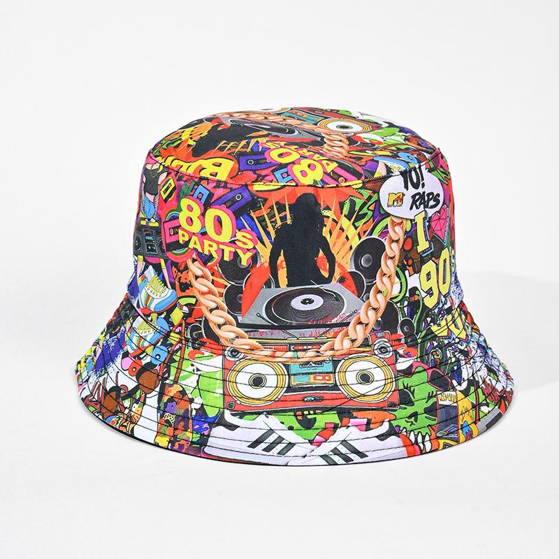 Klasyczny dwustronny kapelusz bucket modny graffiti wiosna i lato nowy retro daszek przeciwsłoneczny