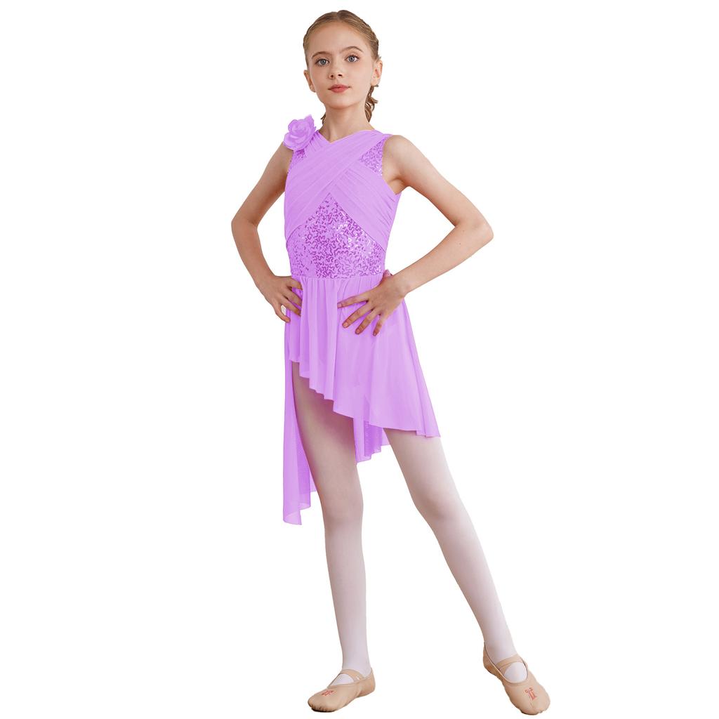 Lyrisches Tanzkleid für Kinder, Mädchen, glänzende Pailletten, gerüschtes, transparentes Mesh-Overlay-Kleid, ärmellos, asymmetrischer Rock, Tanzkleidung