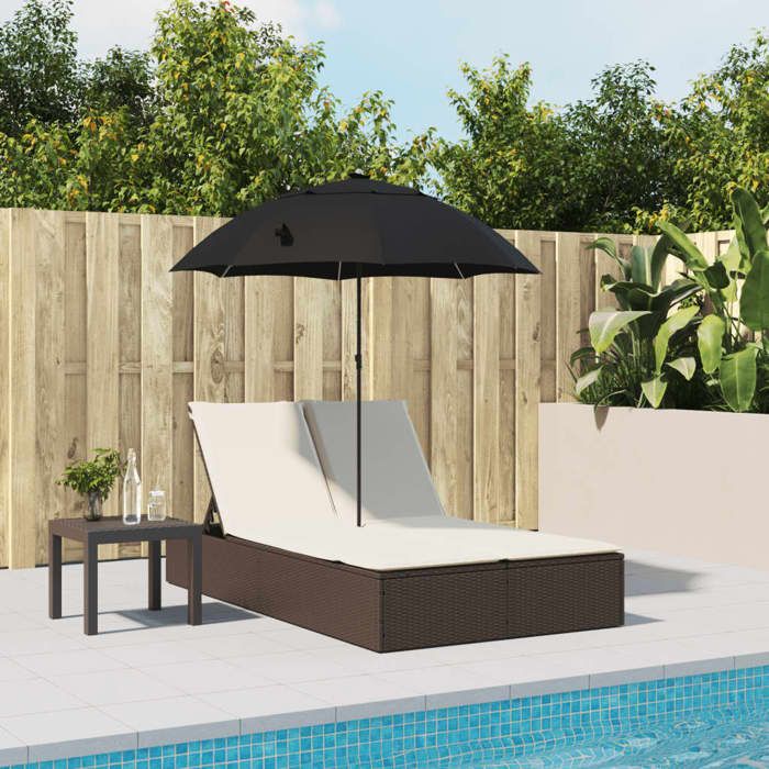 VidaXL Chaise longue double avec coussins et parasol marron poly rotin, transat, lit de jour d'extérieur, lit de jour de 368082