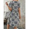 IHUASU Women's Summer Fashion Printed V-Neck Short Sleeve Loose Midi Dresses