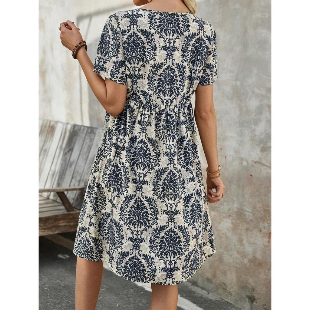IHUASU Women's Summer Fashion Printed V-Neck Short Sleeve Loose Midi Dresses