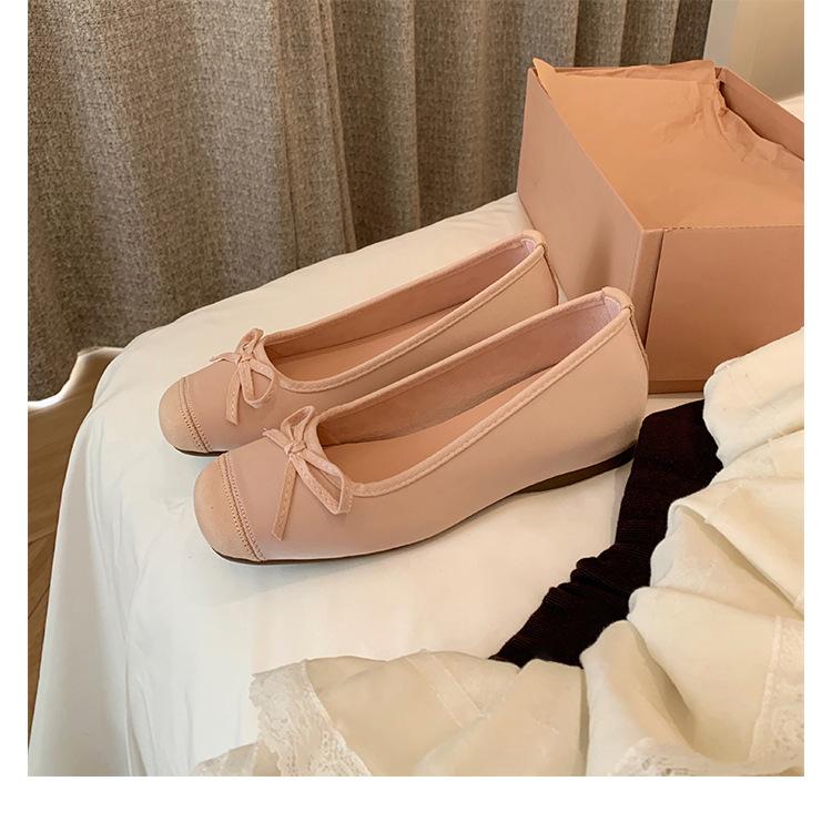 Cowhide Version~ Silver Leather Inner Height Increase Square Head Ballet French Mary Jane Shoes Bow Single Shoes Women's Flat Bottom