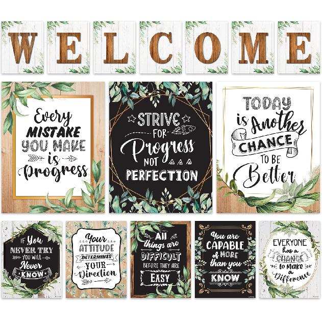 Decorably 15 Chalkboard Welcome Back to School Bulletin Board Decorations, pirational, Matte-Laminated Posters - for Classroom, School Hallways