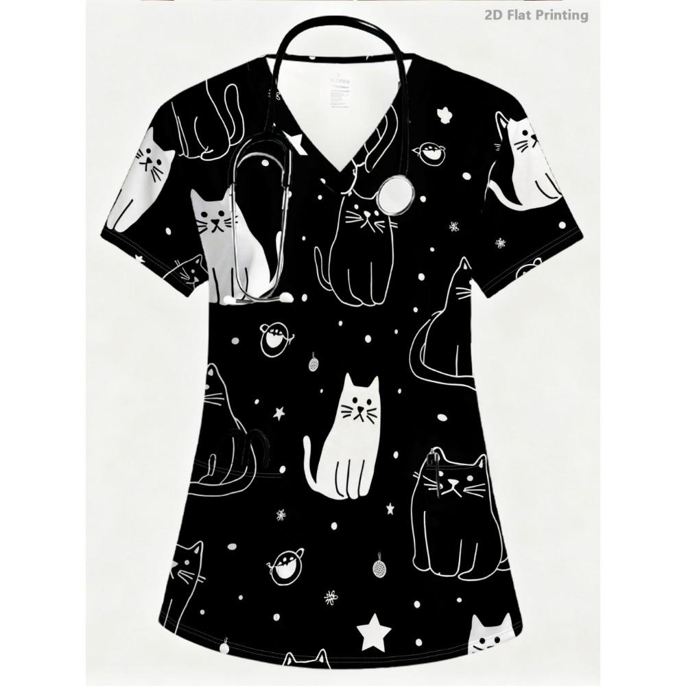 Summer Womens Fashion V-Neck Short Sleeve Uniform Pockets Tops Cute Cat Pattern Print Comfortable Vet Clinical Uniforms Woman