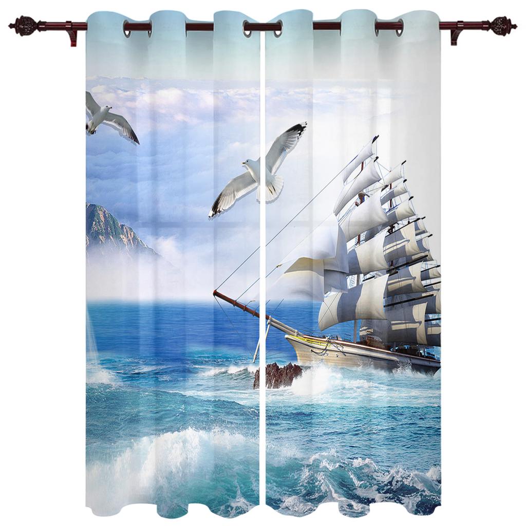 Sunset Sea Black Ship Window Curtain Modern European Style Curtains for Bedroom Living Room Backdrop Curtain