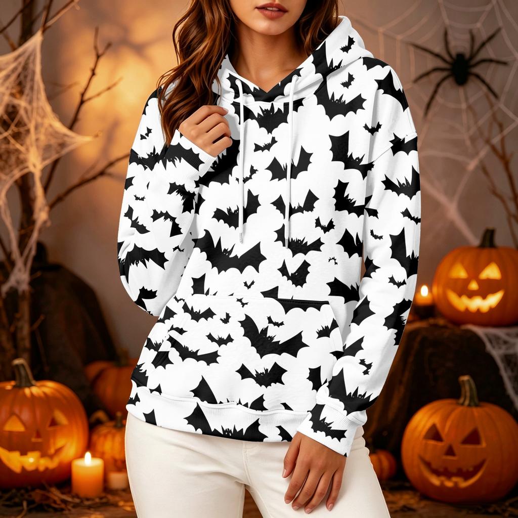 Women's fashionable long-sleeved Halloween print hooded pullover hoodie top