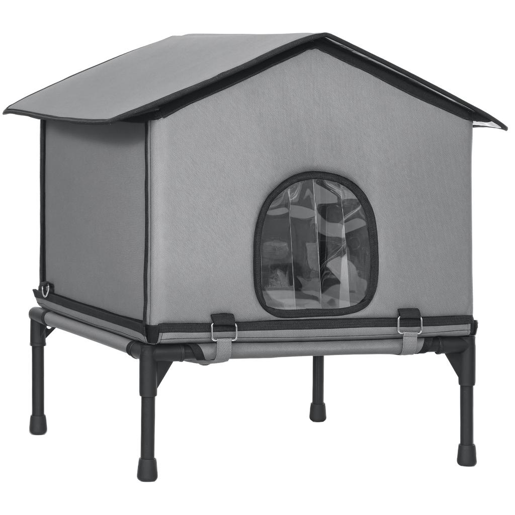 Outdoor Cat House, Waterproof Insulated Cat Kennel with Elevated Base, Foldable Feral Kitty Shelter for Kittens, Grey