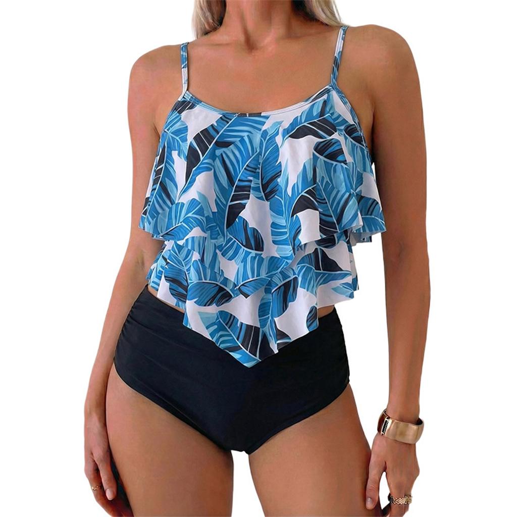 Women’s Two Piece Swimsuit Ruffle Tankini Top with Adjustable Straps and High Waist Floral Printed Bottoms