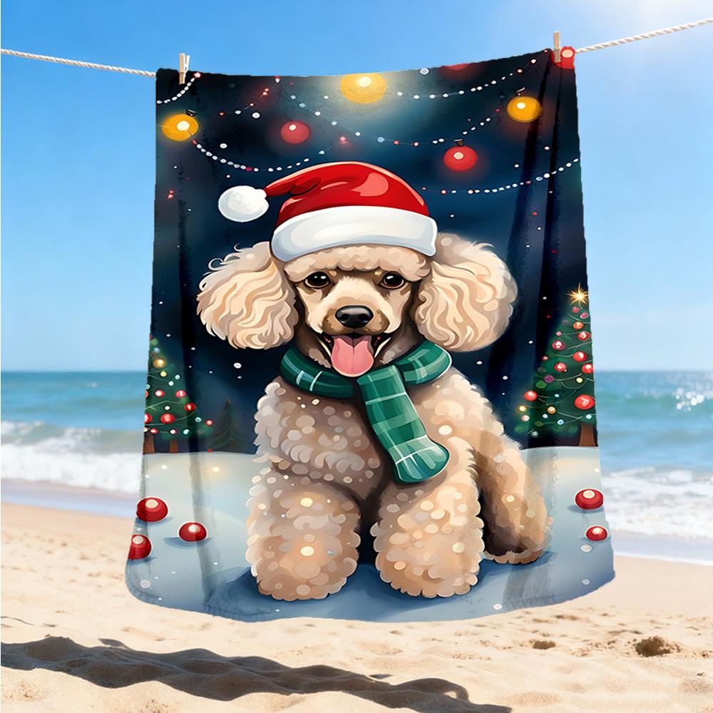 1pc Christmas Poodle Outdoor Flannel Blanket , Machine Washable Perfect Gift for Birthday , Holiday Travel Accessory , Durable Material