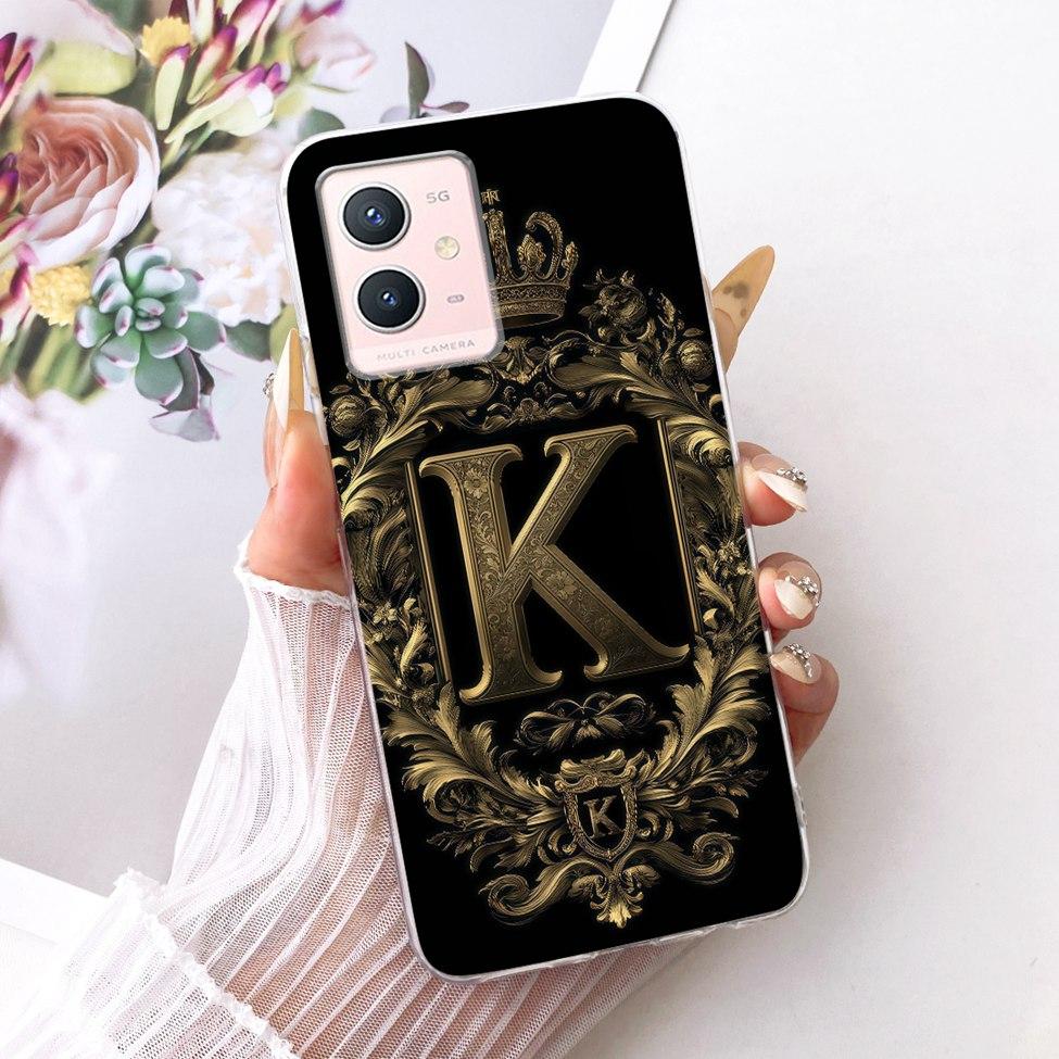 For Vivo Y33s 5G Case Cover Transparent Luxury Crown A-Z Letters 2D Flat Pattern Soft Phone Case For Vivo V2166A