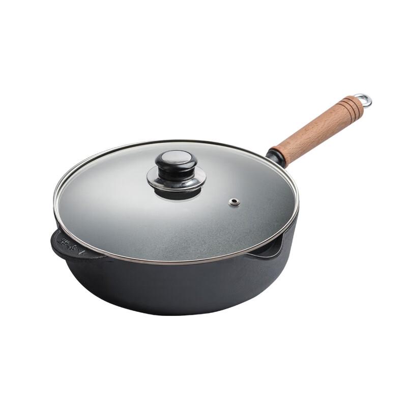 ZISIZ Wooden Handle Deep Cast Iron Frying Pan
